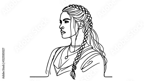 A minimalist continuous one-line drawing of a realistic female Viking with braids
