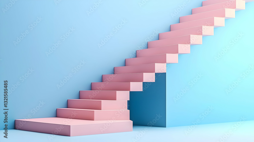 Pink Staircase Ascending on Light Blue Backdrop in Minimalist Dreamlike Setting with Pastel Hues and Geometric Shapes Pink Staircase Ascending on Light Blue Backdrop in Minimalist Dreamlike Setting with Pastel Hues and Geometric Shapes
