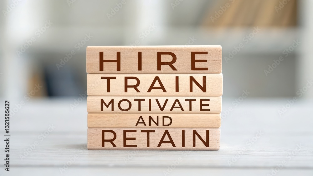 Leadership enhances employee engagement and active involvement concept. Blocks with motivational words related to hiring and training.