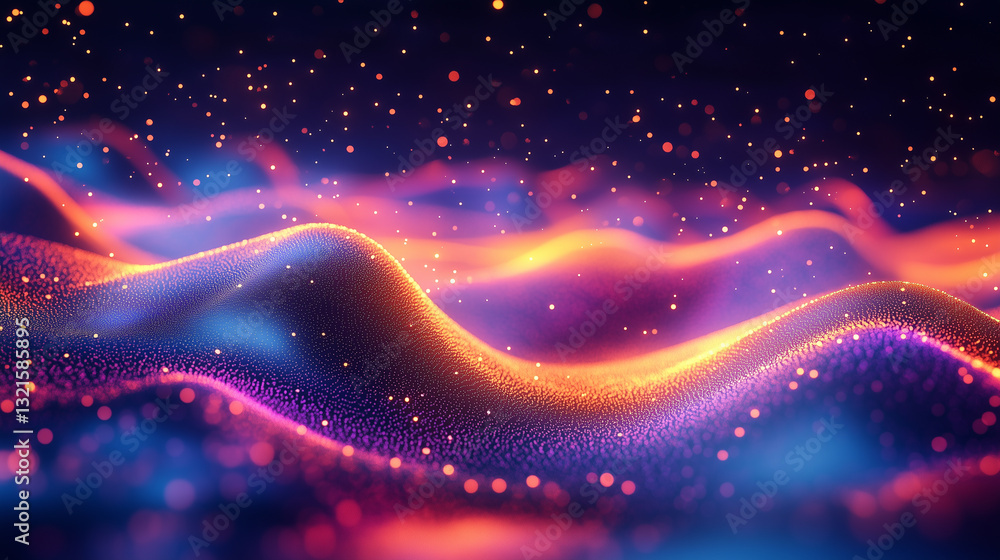 Fototapeta premium 3d render of abstract futuristic background with glowing medium particles and big dots waves, gradient colorful flowing landscape with night sky