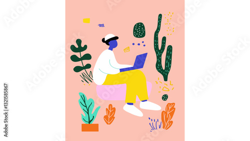 flat vector illustration of a teen working on a laptop