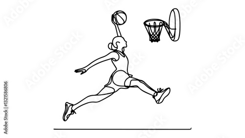  female basketball player doing a dunk one line drawing