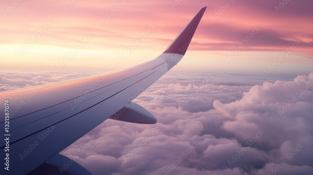 Obraz premium Airplane wing above clouds at sunset with vibrant colors.