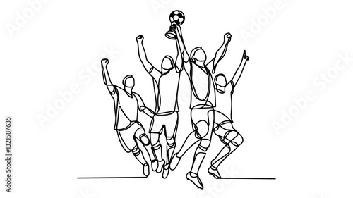 soccer players team celebrating championship victory one line drawing