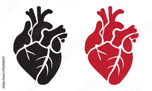 Anatomical heart vector illustration – black and red human heart silhouette, medical organ symbol icon, isolated on transparent background