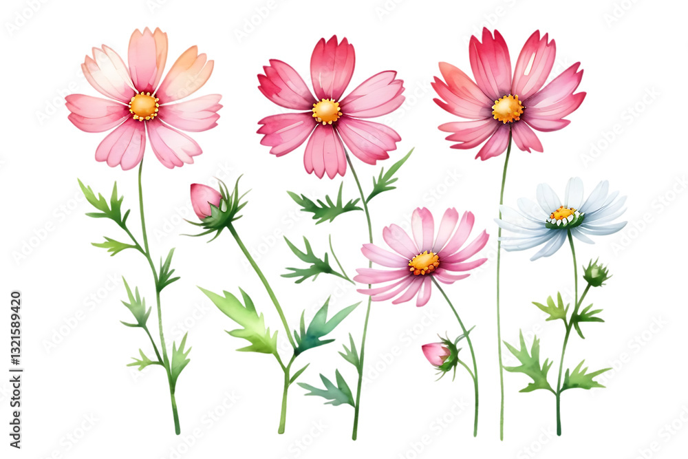 Watercolor Cosmos Flowers Illustration with Pink and White Petals on Black Watercolor Cosmos Flowers Illustration with Pink and White Petals on Black