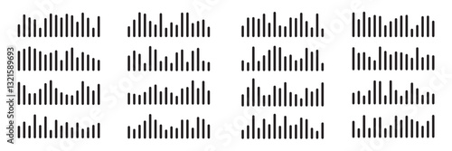 Sound waves set. Music audio frequency, voice waveform, electronic radio signal, volume level, track symbol. Various noise pulses black lines isolated on transparent. Abstract vector background.