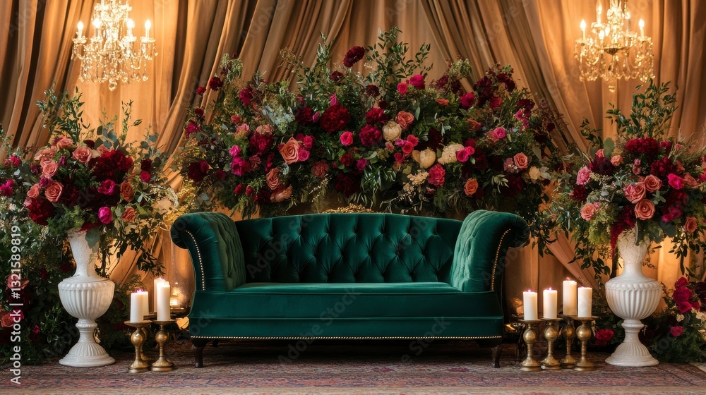 Fototapeta premium Elegant Teal Velvet Couch Decorated with Red and Pink Flowers