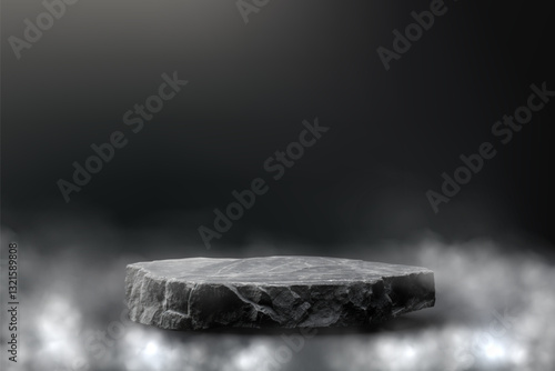 Stone podium in smoke background. Black stone stand product display in fog cloud. Natural marble pedestal on dark wall. Modern minimal cosmetic design. Fashion beauty abstract vector illustration.