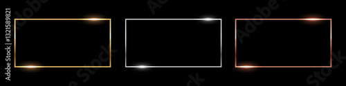 Gold, silver and bronze rectangle thin frames. Horizontal metal photo or picture frames isolated on black background. Simple object mockup. 3d realistic empty template vector illustration set.