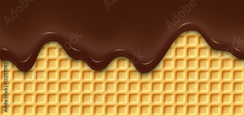 Waffle with chocolate melted seamless background. Golden wafer with square grid pattern, topped with glossy chocolate glaze dripping down. Sweet crispy dessert backdrop. Realistic vector illustration.