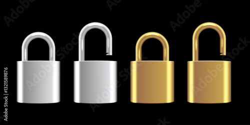 Metallic locks set. Gold and silver padlocks isolated on black background. Closed and opened locks. Safety and security concept. House protection. Game icons. Realistic vector illustrations.