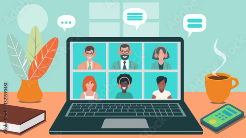 Virtual Team Meeting Illustration in Modern Flat Design