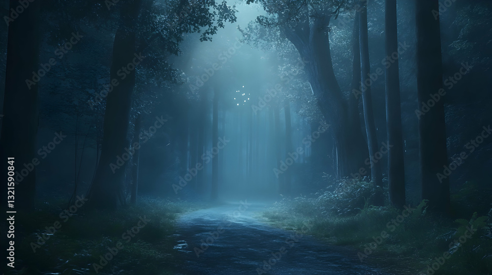 Fototapeta premium Enchanting woodland path at twilight evokes tranquility and sense of mystery exploration