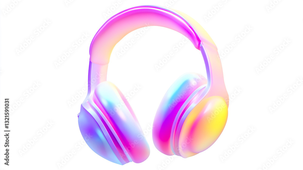 3D rendering of a headphones icon with a holographic gradient pastel color scheme on a WHITE background 3D rendering of a headphones icon with a holographic gradient pastel color scheme on a WHITE background
