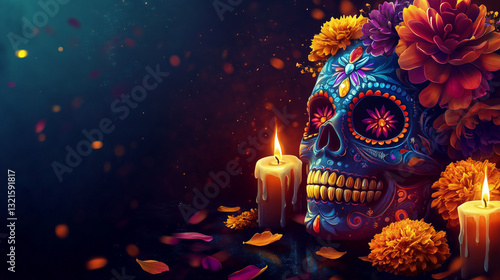 Vibrant Mexican sugar skull adorned with flowers and candles for Cinco de Mayo celebration