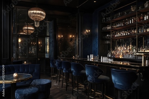 A moody speakeasy style bar with dark walls, velvet barstools, and vintage cocktail glassware