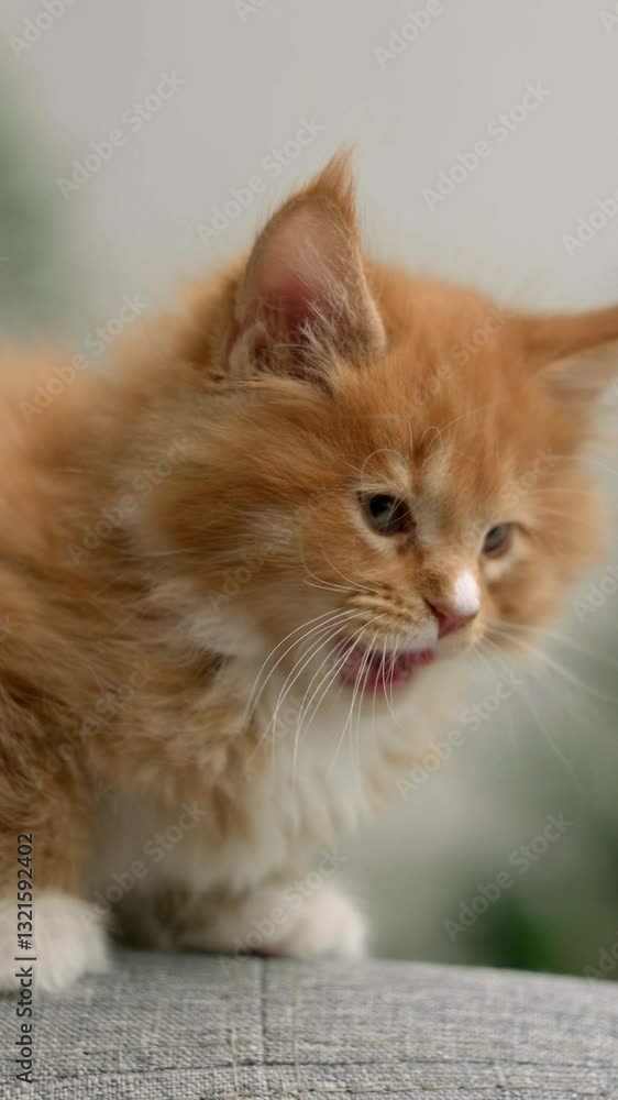 Portrait cute little ginger Kitten waiting for food, Little striped red cat siting on sofa at home licking and looking at camera, Vertical footage. Portrait cute little ginger Kitten waiting for food, Little striped red cat siting on sofa at home licking and looking at camera, Vertical footage.