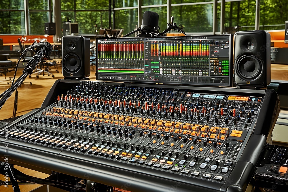 Audio console recording session in studio, with lights on Audio console recording session in studio, with lights on