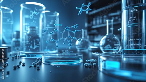 Ultra-Detailed Science Laboratory Background with Glass Elements and Biotech Graphics