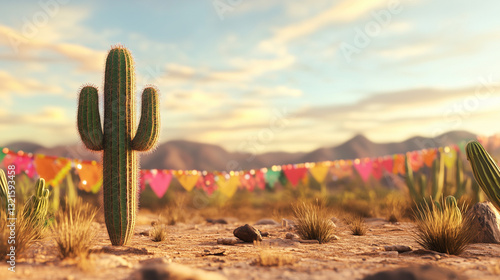 Lonely cactus in the desert with colorful papel picado banners for Cinco de Mayo celebration