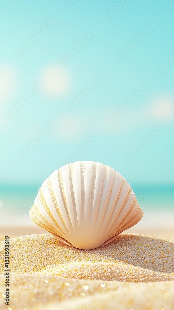 Summertime escape splashing refreshing advertisement. A close-up of a white seashell resting on a sandy beach, with a blurred ocean and sky in the background, evoking a serene coastal atmosphere. Summertime escape splashing refreshing advertisement. A close-up of a white seashell resting on a sandy beach, with a blurred ocean and sky in the background, evoking a serene coastal atmosphere.