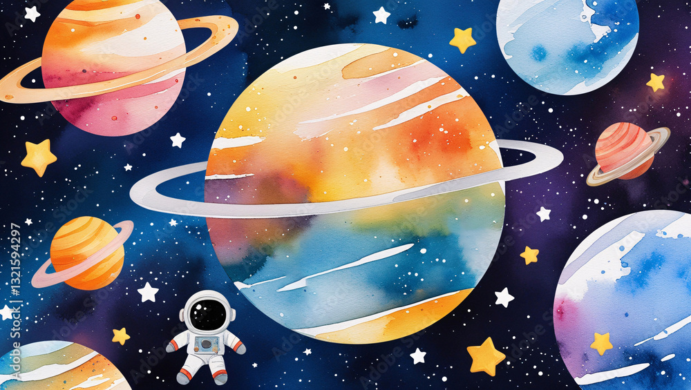 Naklejka premium Cute Outer Space Birthday Scene with Astronauts, Stars, and a Cosmic Sky