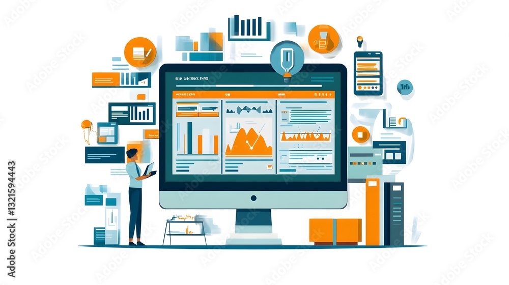 an illustration of a person using a computer to analyze data, surrounded by various technological tools and interfaces. The person seems to be focused on examining the data an illustration of a person using a computer to analyze data, surrounded by various technological tools and interfaces. The person seems to be focused on examining the data
