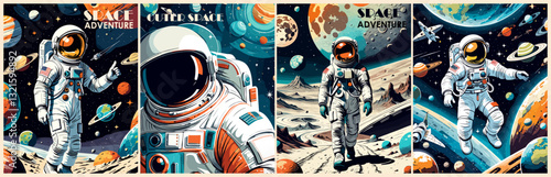 Astronaut in space retro Poster, background, cover. Space and the universe concept. Cosmonaut in spacesuit flying in galaxy with stars and planets. Vintage style vector colorful illustration.