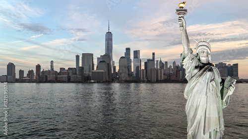 statue of liberty in front of new york city skyline composite photo (lady liberty freedom symbol sculpture built by french) nyc manhattan downtown cityscape harbor waterfront hudson east river