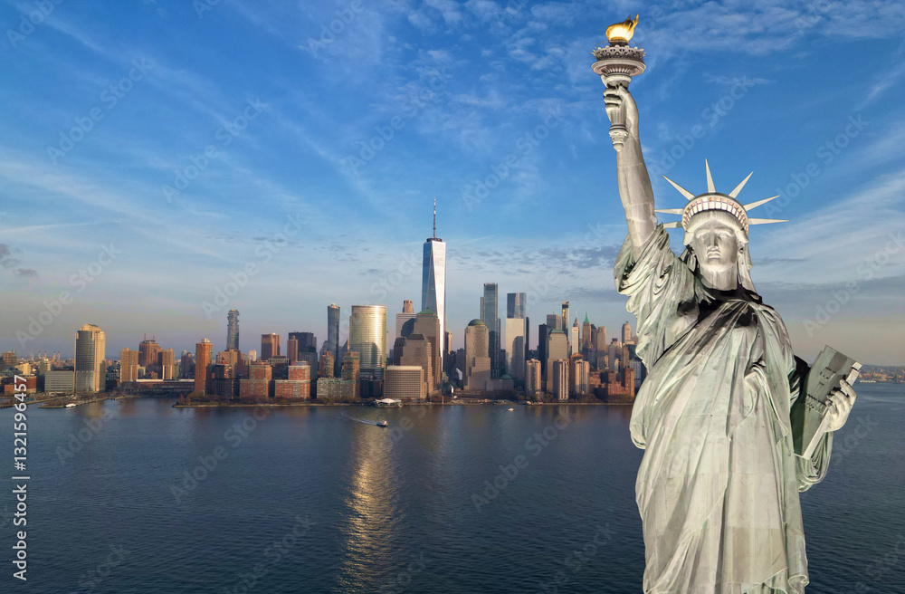 Fototapeta premium statue of liberty in front of new york city skyline composite photo (lady liberty freedom symbol sculpture built by french) nyc manhattan downtown cityscape harbor waterfront hudson east river