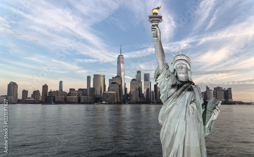statue of liberty in front of new york city skyline composite photo (lady liberty freedom symbol sculpture built by french) nyc manhattan downtown cityscape