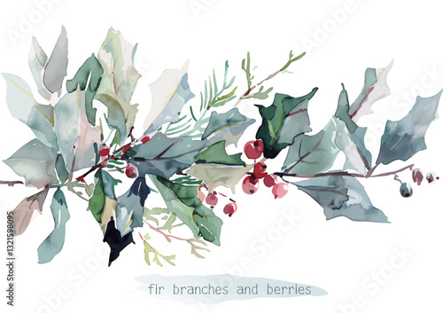 Beautiful christmas decoration Holly leaves and fir branches Watercolor vector illustration christmas border,festival set,new year