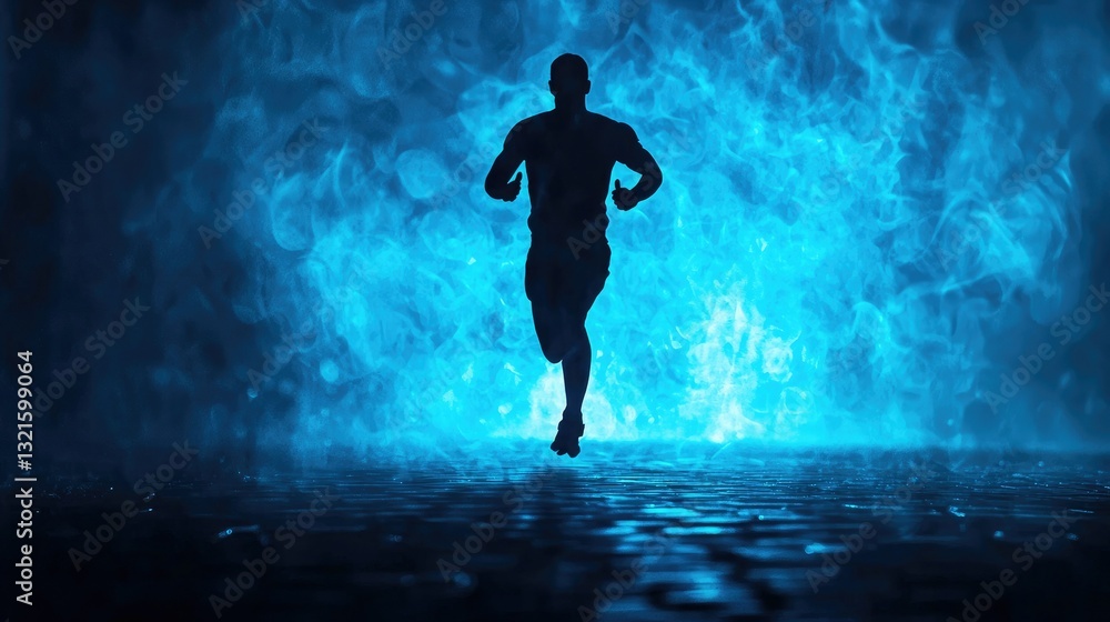 Naklejka premium A silhouette of a man running, set against an abstract glowing blue background 