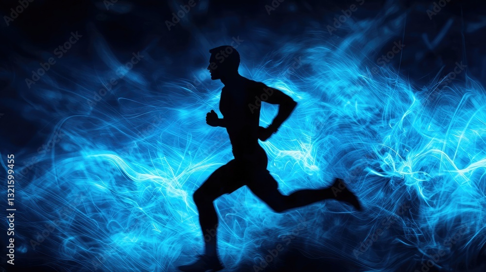 Naklejka premium A silhouette of a man running, set against an abstract glowing blue background 