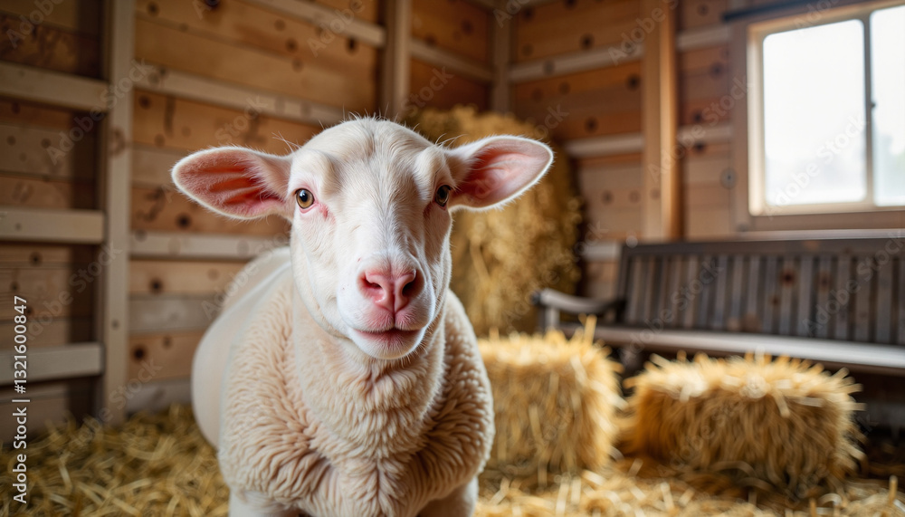 Freshly shorn sheep resting in cozy barn setting, rustic charm Freshly shorn sheep resting in cozy barn setting, rustic charm