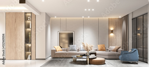 3d render modern living and dining room