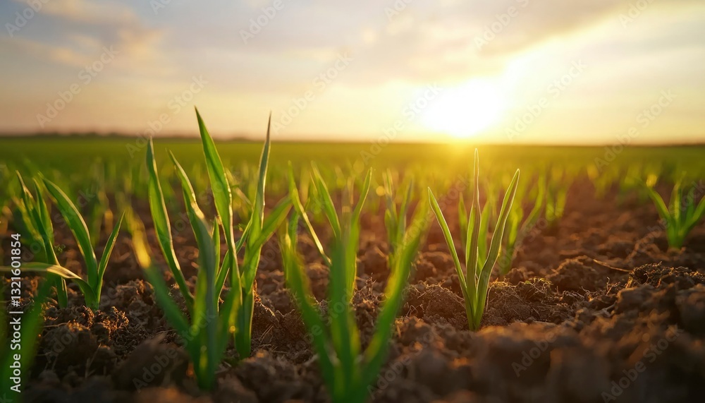 Fototapeta premium Young sprouts in a field at sunset