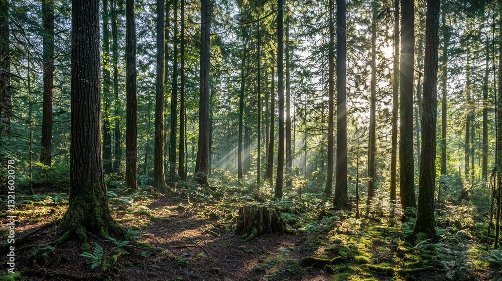 Fototapeta premium A serene view of a dense forest with sunlight filtering through the canopy. 