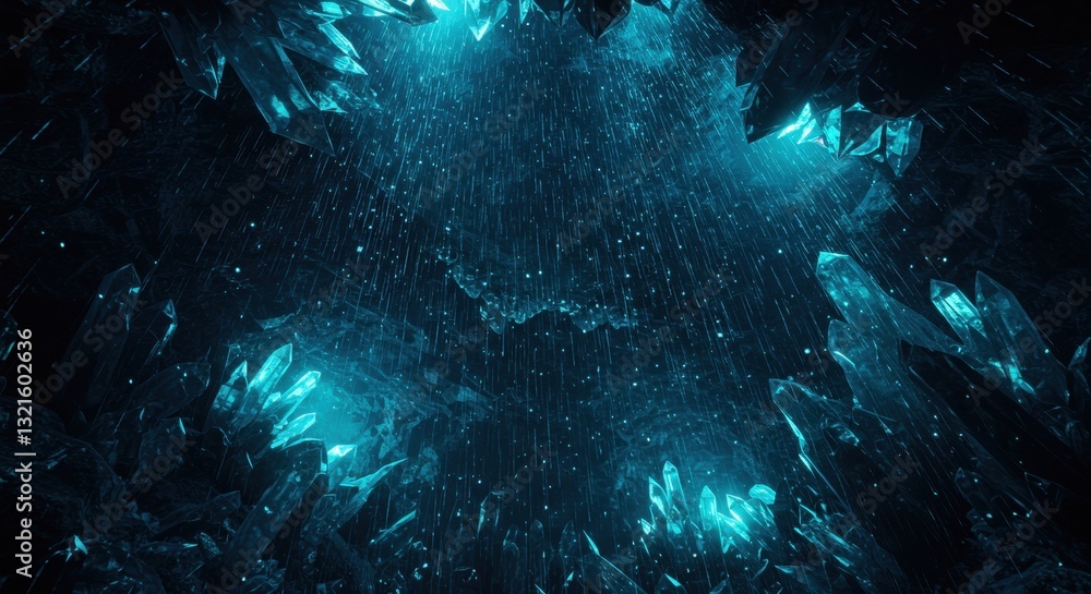 Obraz premium A mesmerizing underground cave filled with glowing blue crystals and cascading water droplets - heavy rain sky raining sky