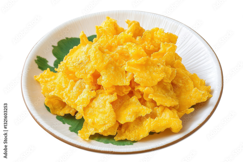 Crispy Golden Cornflake Snack on Decorative Plate with Green Leaves Crispy Golden Cornflake Snack on Decorative Plate with Green Leaves