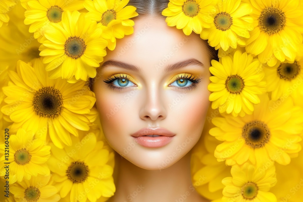 A beautiful woman with blue eyes and radiant makeup is surrounded by yellow flowers in her hair, creating a striking portrait with a floral and artistic theme.