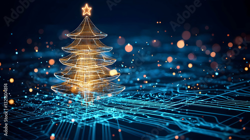 Golden Christmas Tree With A Star On Top Of A Blue Digital Abstract Background With Glowing Particles And Festive Holiday Lights