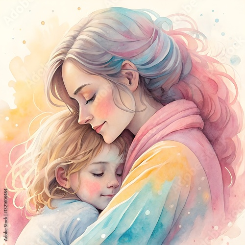 Mother Hugging Her Child with Soft Pastel Watercolor Illustration for Mothers Day