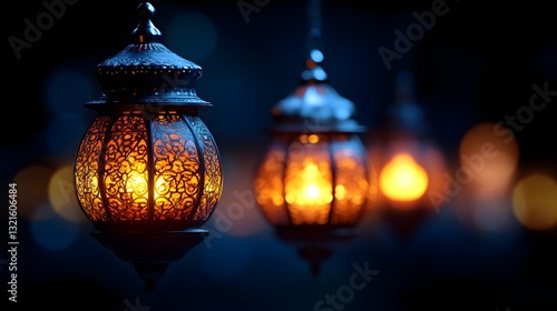 Illuminated hanging lanterns in dark night photo