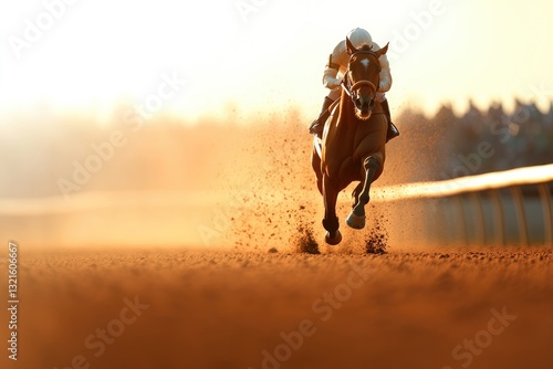 Dynamic horse galloping on dirt track, sunlight creating dramati photo