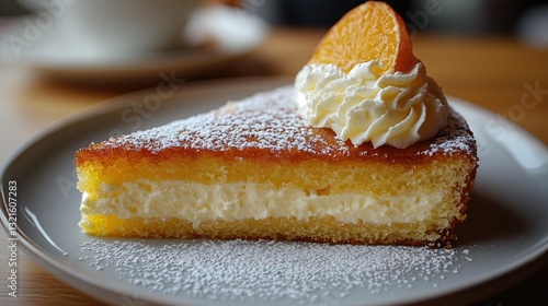 A slice of vanilla cake with creamy frosting sits on a white plate.