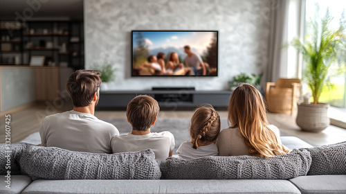 back view of family watching movie on tv in living room at home