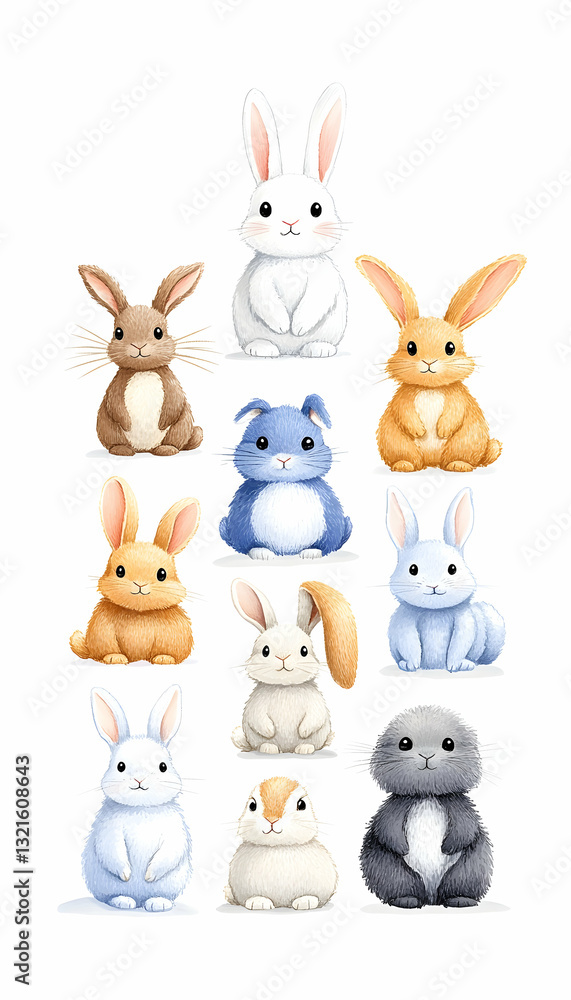 Fototapeta premium Ten adorable bunnies in various colors and poses