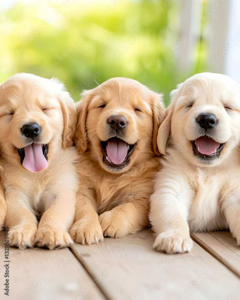 Three adorable golden puppies rest together on a wooden surface eyes closed and mouths open in happy yawns Soft blur Three adorable golden puppies rest together on a wooden surface eyes closed and mouths open in happy yawns Soft blur